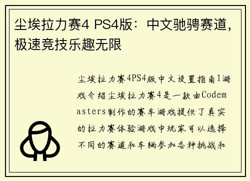 尘埃拉力赛4 PS4版：中文驰骋赛道，极速竞技乐趣无限